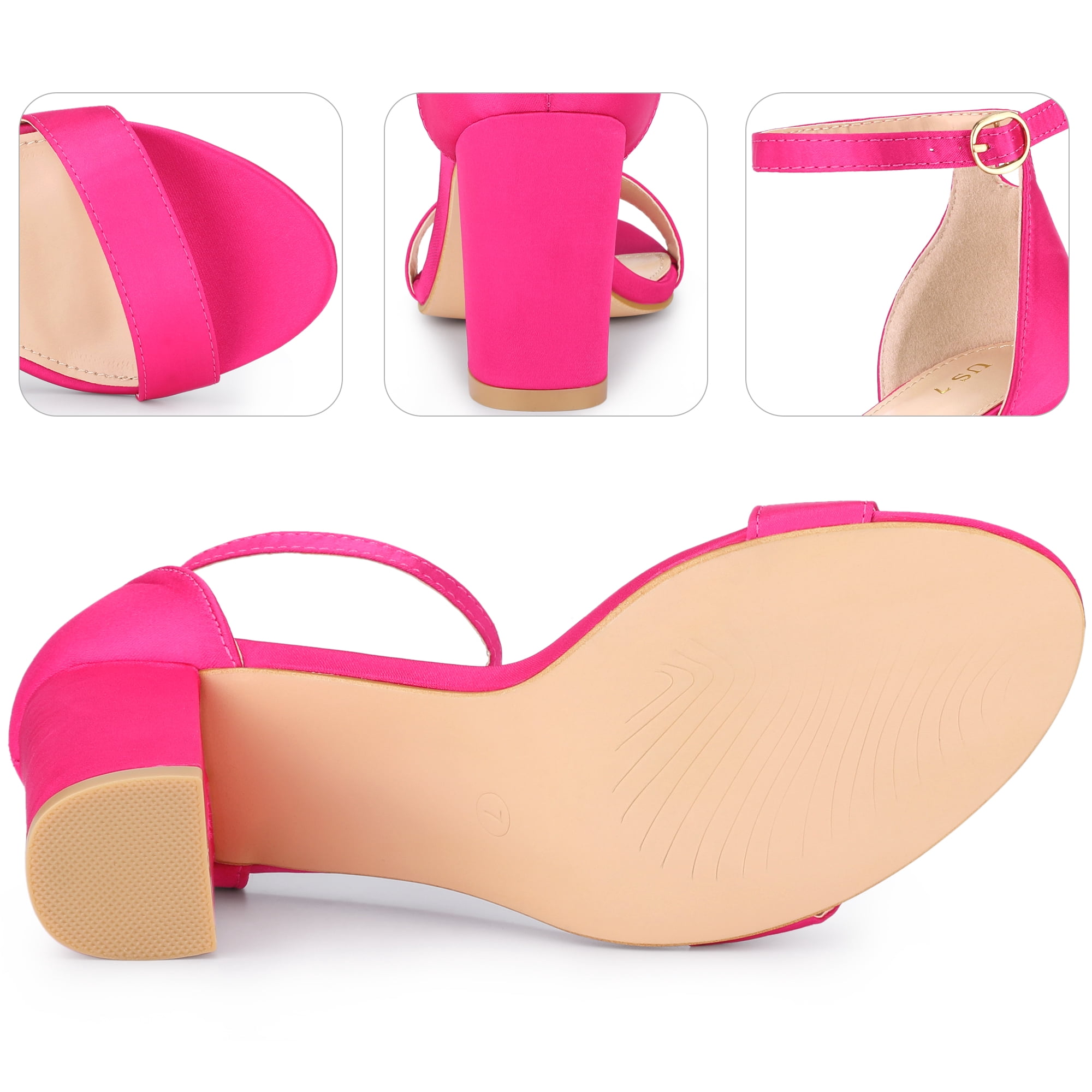 Unique Bargains Women's Open Toe High Heel Ankle Strap Satin Block Heels Sandals Hot Pink 5.5