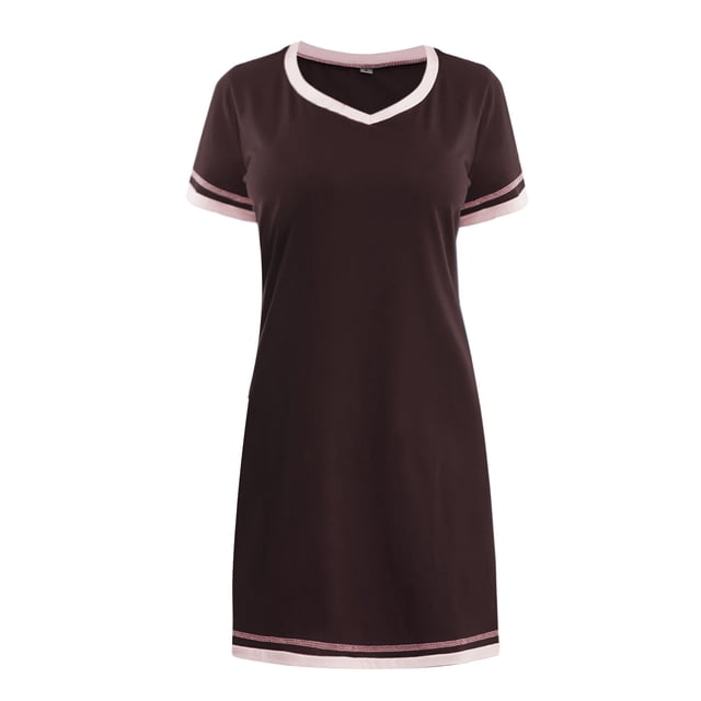Gibobby Suave Camisa de Noche para Mujer Día de San Valentín Camisón informal verano para mujer, y cómodo, cuello redondo, suelto, en contraste, manga corta, mul(Café,CH)