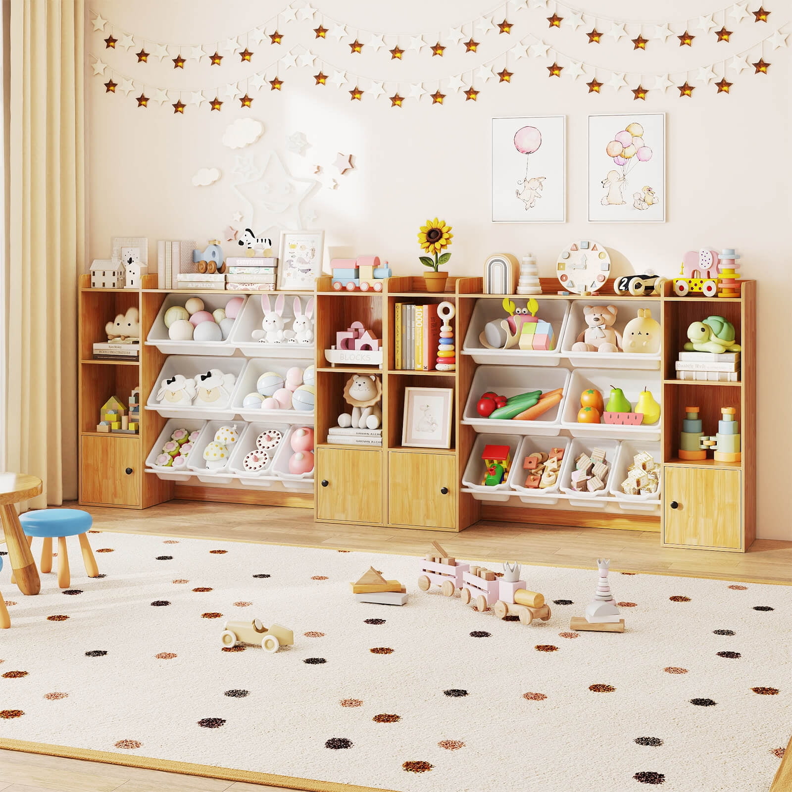 Costway Kids Toy Storage and Bookshelf with 8 Boxes Open Shelves & 2 Single-door Cabinets Beige