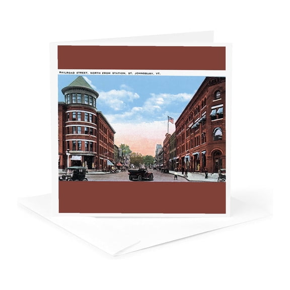 3dRose, Railroad Street, St. Johnsbury, Vermont with Antique Cars, 1 Greeting Card with envelope