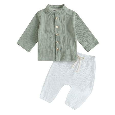 

Kids Baby Boys Fall Cotton Linen Outfits Solid Color Long Sleeve Shirts Tops and Pants 2Pcs Clothes Suit