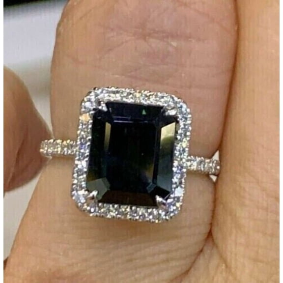 2Ct Emerald Cut Lab-Created Black Diamond Engagement Ring 14K White Gold Plated Silver