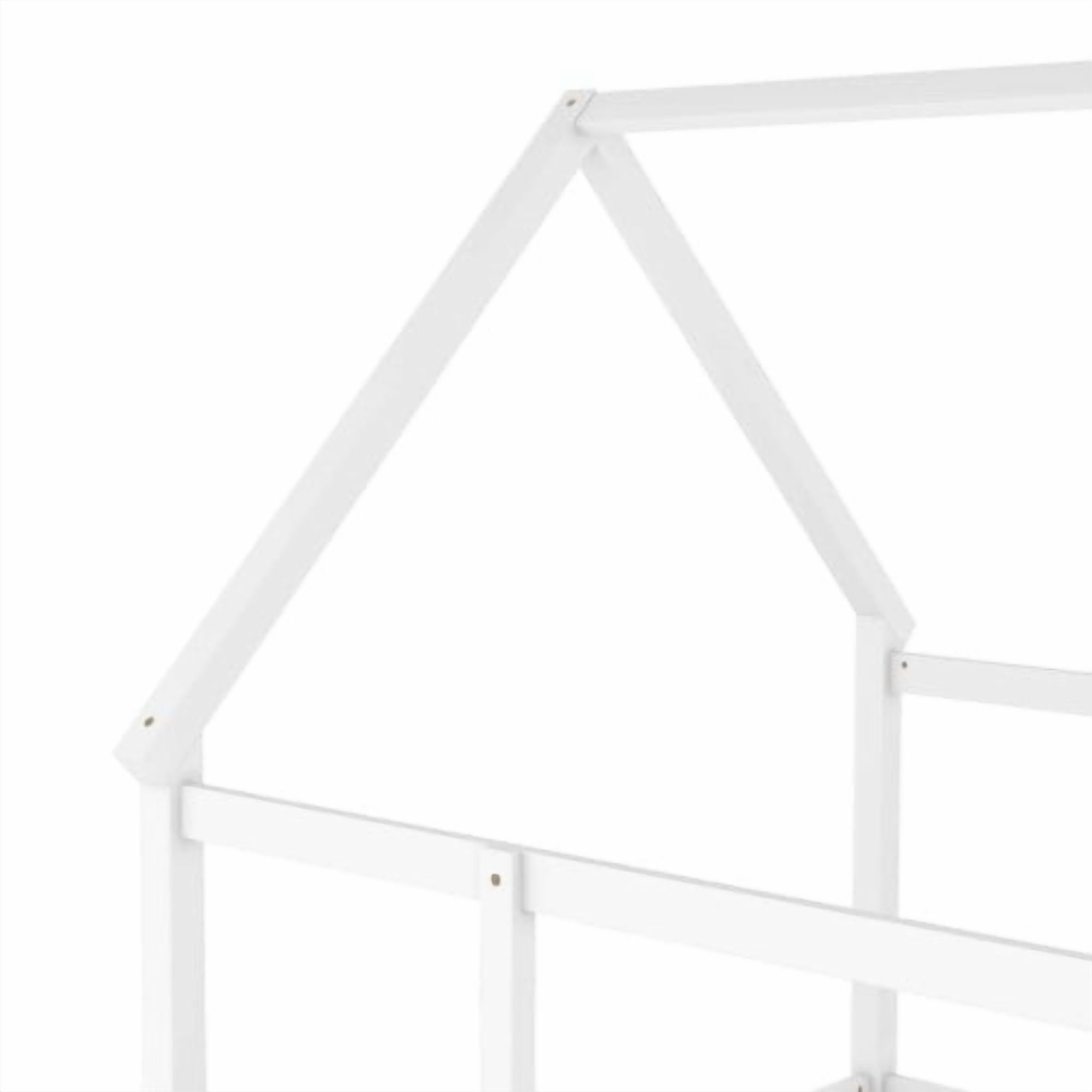 Bellemave Full Size House Floor Bed, Wood Full House Bed with Fence, Safe Playhouse Montessori Floor Bed, White