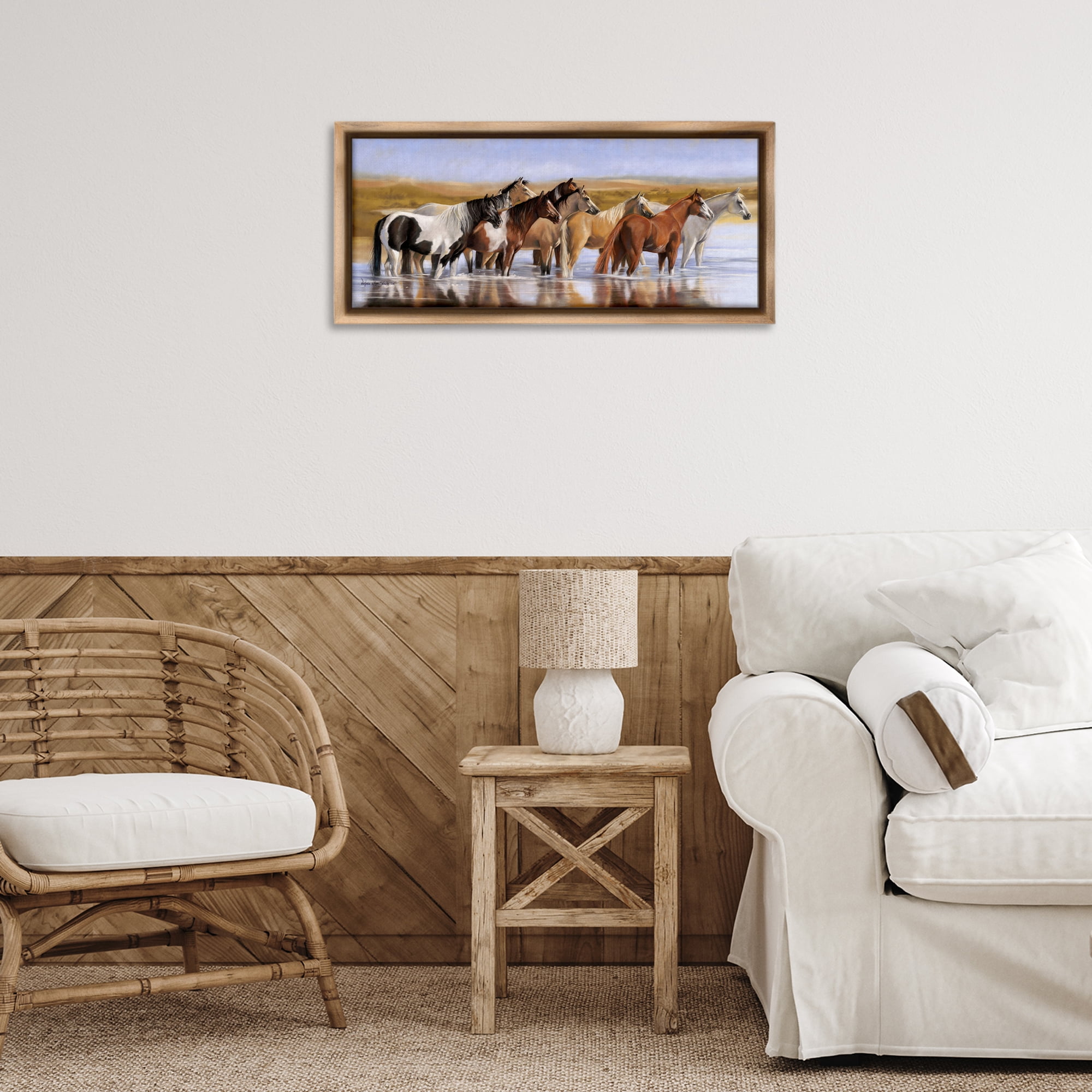 Stupell Industries Horse Herd in River Animals & Insects Painting Brown Floater Framed Canvas Art Print Wall Art, 25 x 11