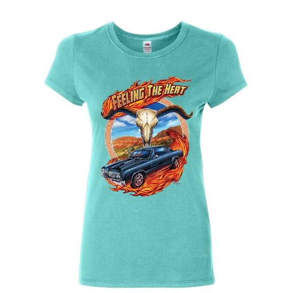 Tee Hunt Feeling The Heat Women's T-Shirt Route 66 American Muscle Retro Vintage Shirt, Light Blue, Medium