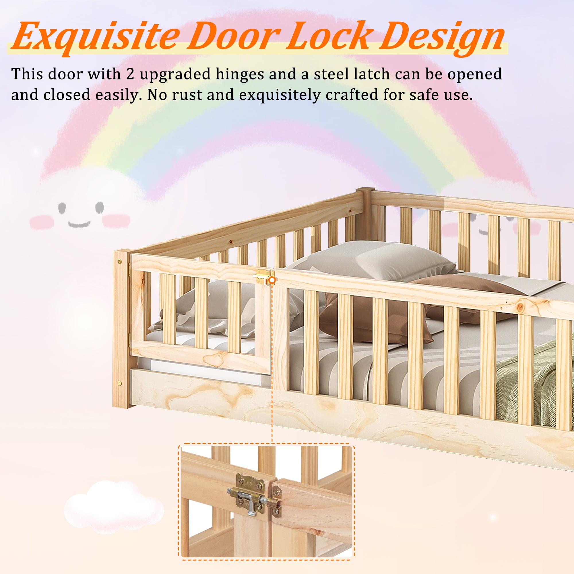 UHOMEPRO Full Size Floor Bed with Fence and Door, Low Profile Montessori Floor Bed for Crib Transition, Solid Wood Cute Bed Frame with Slats Supports, Easy Assembly, No Box Spring Needed, Natural