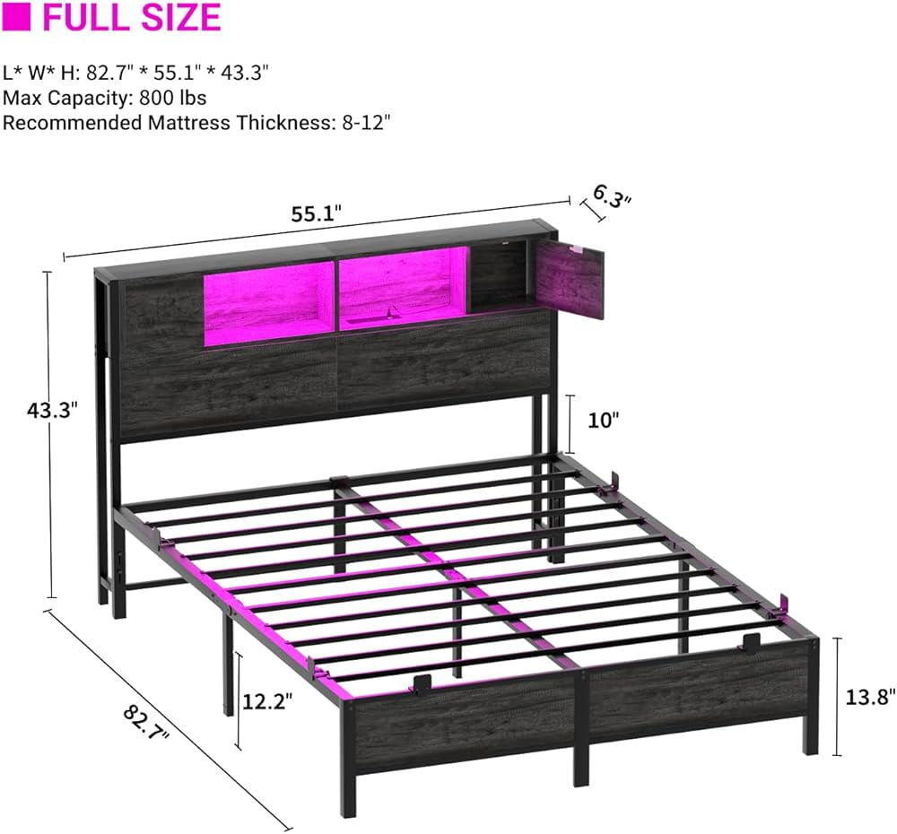 iSunirm Full Size Platform Bed Frame with LED Lights, Storage Headboard and Charging Station, Steel Slat Support, Noise Free, No Box Spring Needed, Easy Assembly, Black Oak