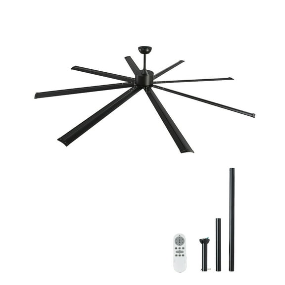 KFFKFF 96 Inch No-Light Ceiling Fan, Remote with 6 Speeds, 8-Blade of Aluminum, DC Motor with Reverse Function, Contemporary Flush Mount Outdoor/Indoor Fan for Living Space, Bedroom, Patio, Black