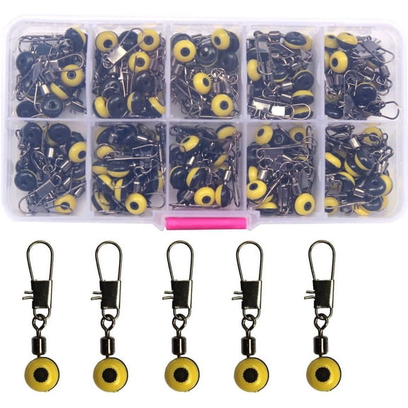 50pcs 3 Color Fishing Line Slides Hook Shank Clip Connector Swivels Fishing Beads Small Fishing Accessories Kit (Yellow)