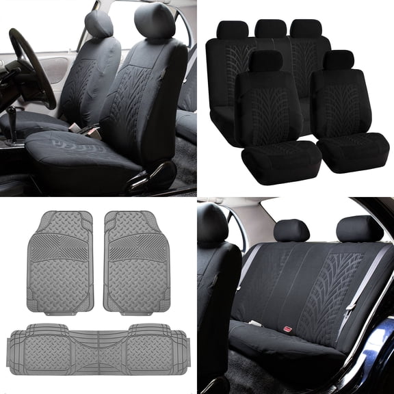 FH Group FH Travel Master Car Seat Covers for Auto Complete Seat Covers Set with Gray Heavy Duty Floor Mats Black
