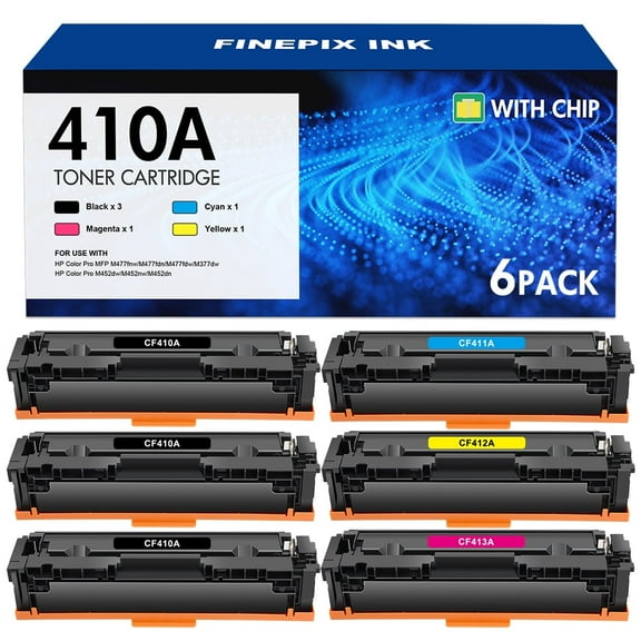 6 Pcs 410A Toner Cartridges Compatible for HP 410A CF410A Color Laserjet Pro MFP M477fnw M477fdw M477fdn M452dn M452nw M477 M452 M377 410X CF410X Printer Ink, Black Cyan Yellow Magenta