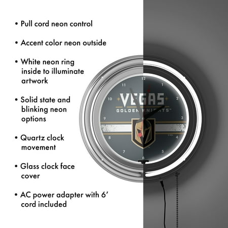 Vegas Golden Knights NHL Chrome Double Ring Neon Clock - Steel Grey, Gold, Black