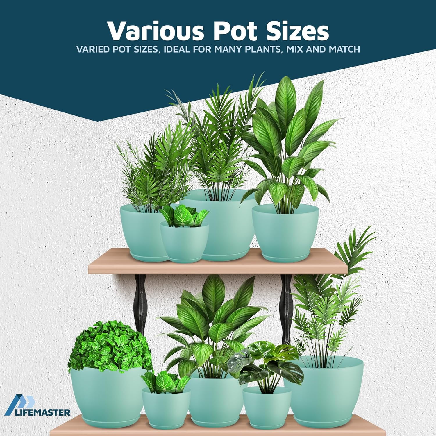 Aqua Plant Pots with Drainage Holes & Saucers 15 Packs, Indoor & Outdoor Stackable Plastic Planters in Multiple Sizes for Houseplants & Flowers, Durable & Weatherproof Materials, Matte Finish