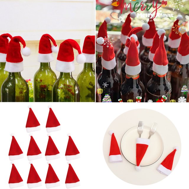 10pcs Christmas Decorations Mini Christmas Hat Bottle Hat Christmas Small Hat Christmas Hat And Fork Set Christmas Decoration Accessories round Dinner Table Centerpiece Dining Table Set And Plates