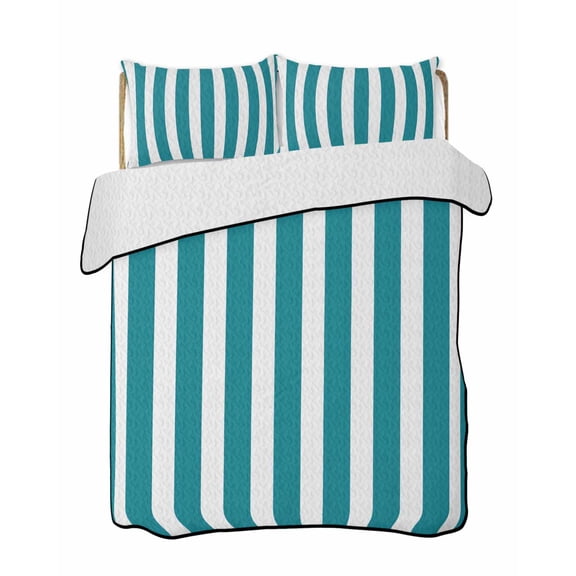 Quilts Twin Size Bedding Set, Teal Striped Lightweight Quilted Comforter, Simple Art Vertical Stripe Farmhouse Soft Reversible Bedspread Coverlet with Pillow Covers for All Season, 68" x 86"