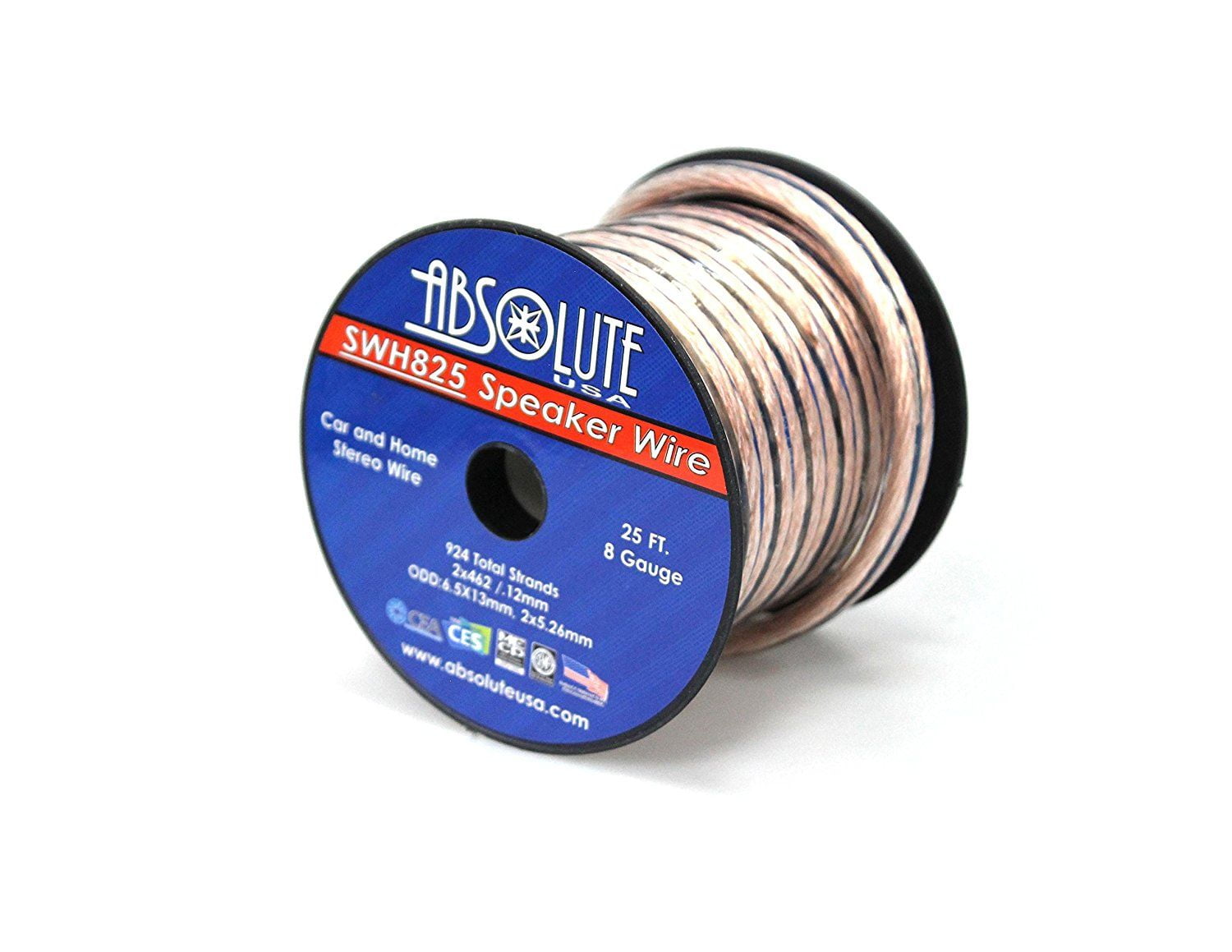 Absolute USA SWH825 8 Gauge Car Home Audio Speaker Wire Cable Spool 25
