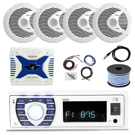 21' - 29' Pontoon Boat: Pyle Bluetooth Marine Receiver, 4x 6.5'' 150 Watt Max Boat Audio Speakers (White), 1000W Waterproof Amplifier w/Wiring Install Kit, 18 Gauge 50 Feet Wire, Antenna