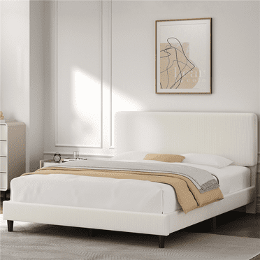 Renwick Upholstered Platform Bed with Adjustable Headboard, Full, Beige