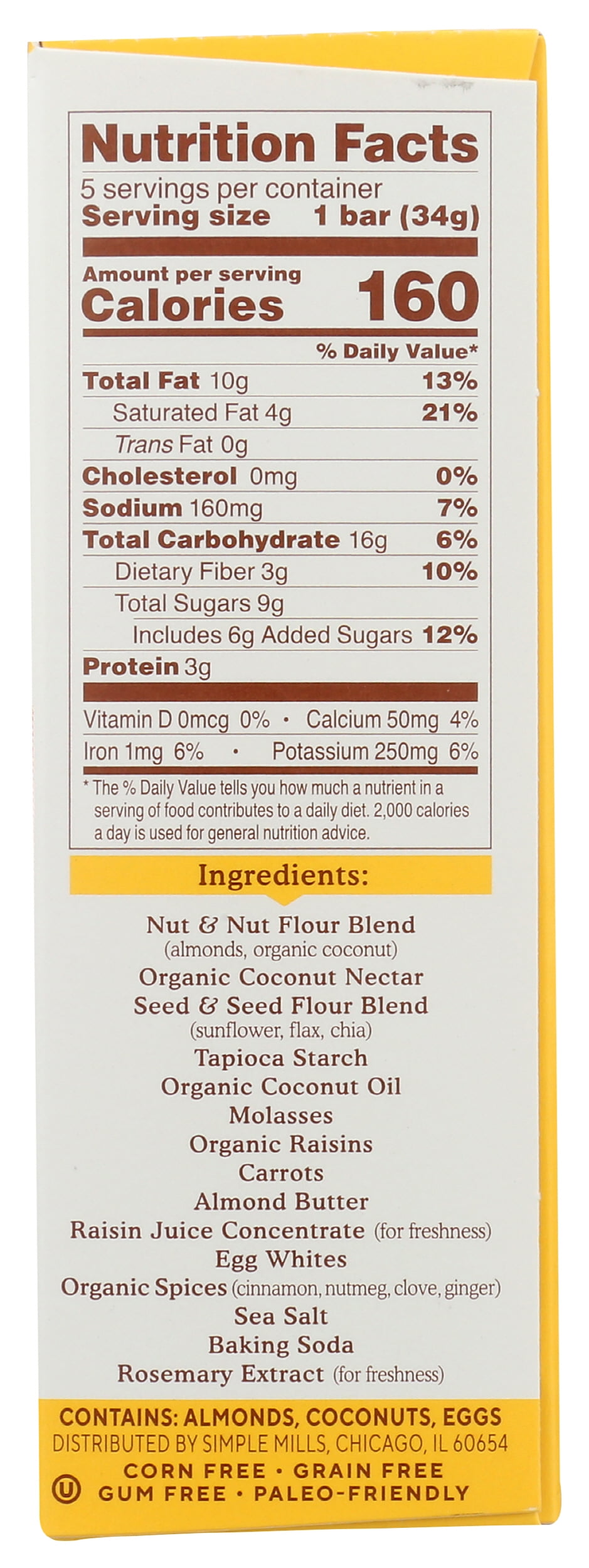 Pack of 6, Simple Mills Spiced Carrot Cake Soft Baked Bars, 5.99 oz