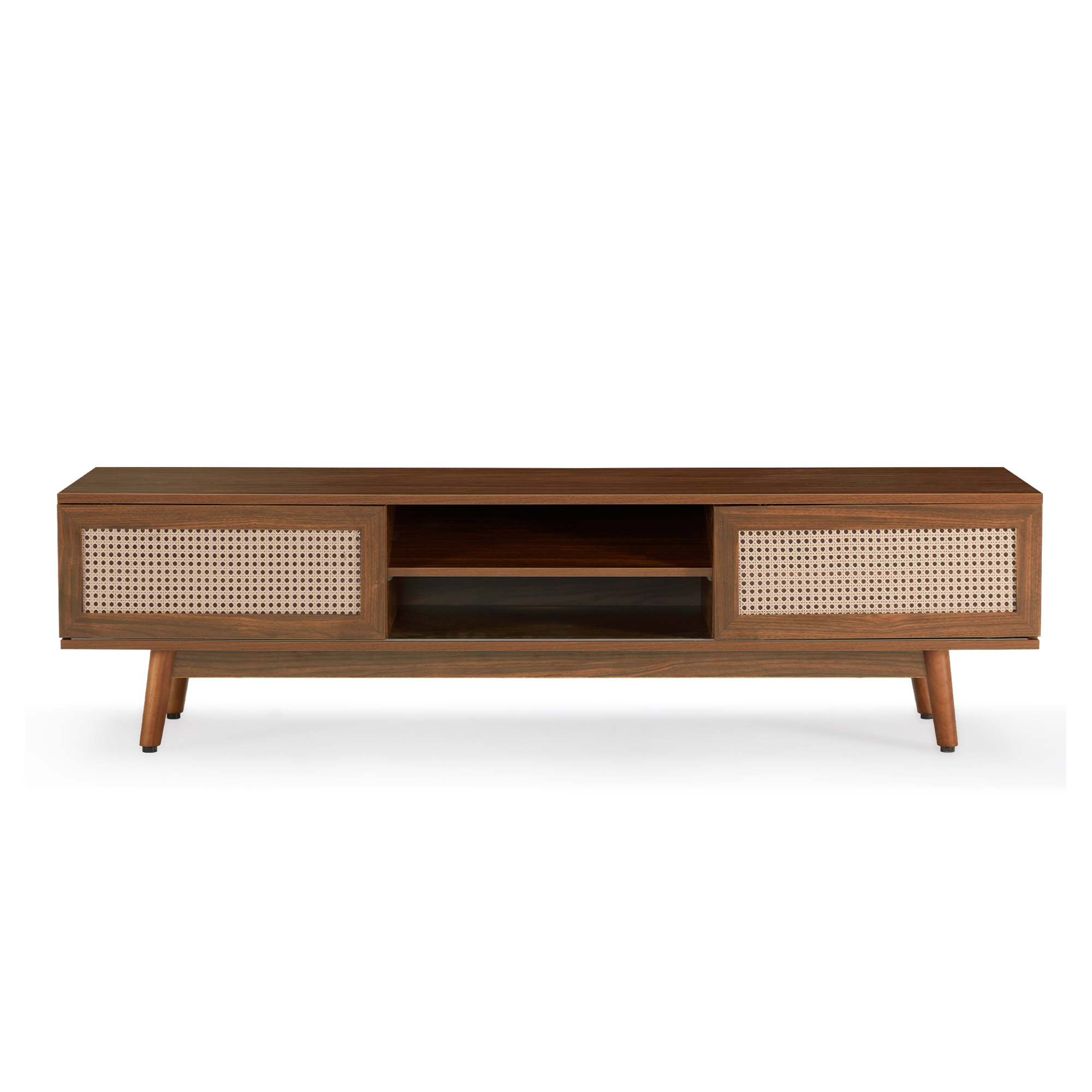 MAYEERTY Light Walnut 65" Mid Century Modern TV Stand, Boho Media Console with Cable Management for Living Room