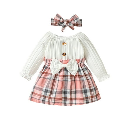 

Suealasg Toddler Baby Girl Fall A-Line Dress Long Sleeve Round Neck Plaid Print Patchwork Dress with Bow Headband 3M 6M 9M 12M 18M 24M Infant Girls Birthday Party Dress