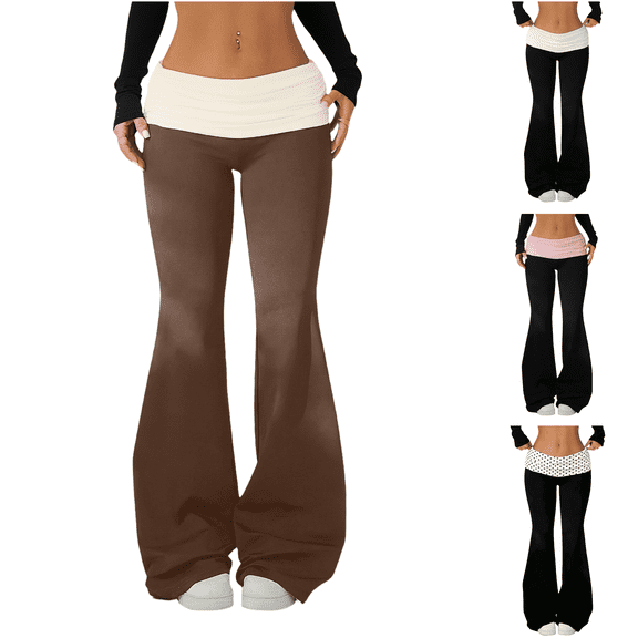 Evdexr Foldover Pants for Women Flared Low Waisted Stretchy Leggings Winter 2026 Workout Casual Pant Lightweight Elastic Color Block Trousers S