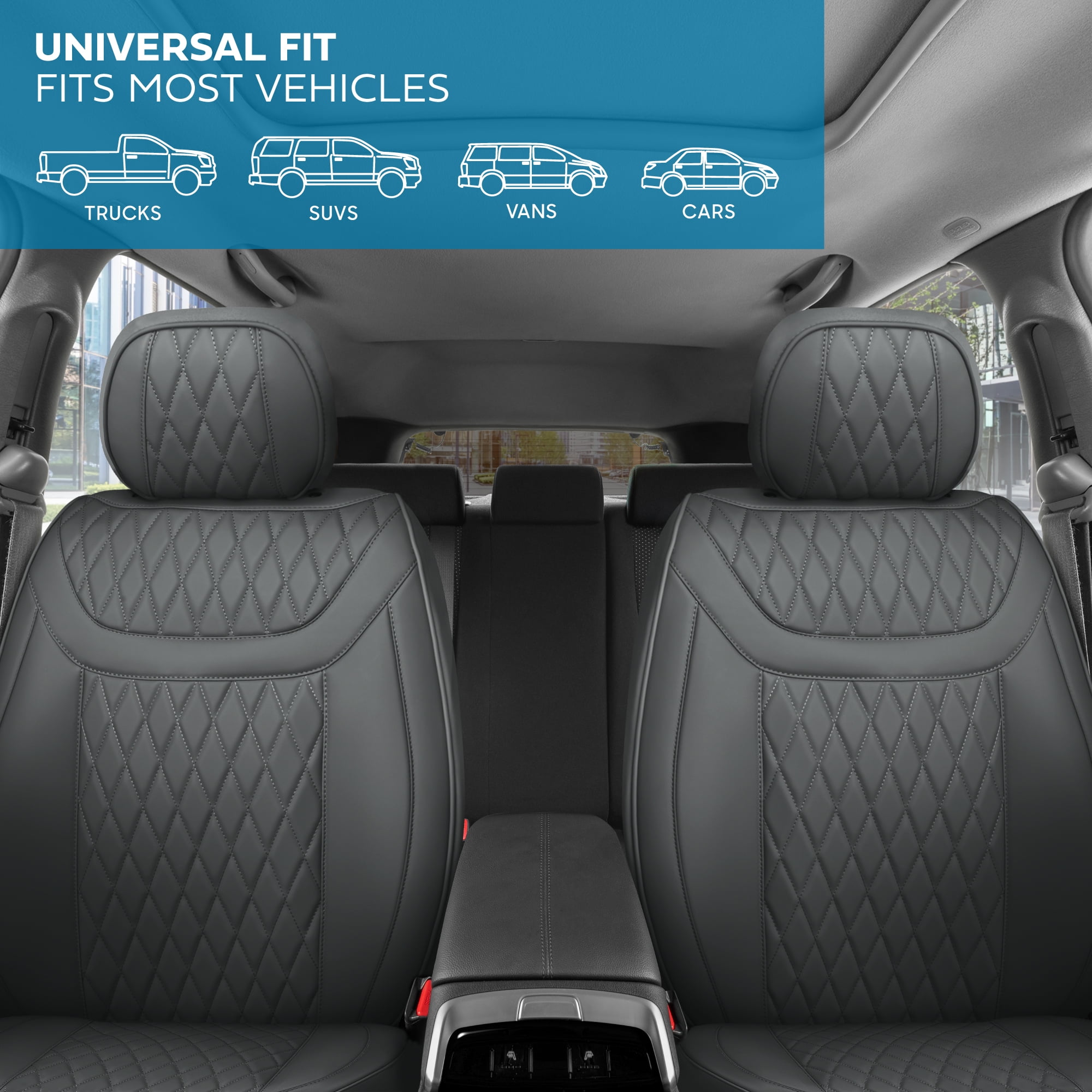 MotorBox Car Seat Covers - Ranch Leatherette Faux Leather Charcoal Seat Covers for Car - Diamond Stitched Cushioned Interior Protectors for Automotive Accessories Trucks, SUV, Cars - Two Front Covers