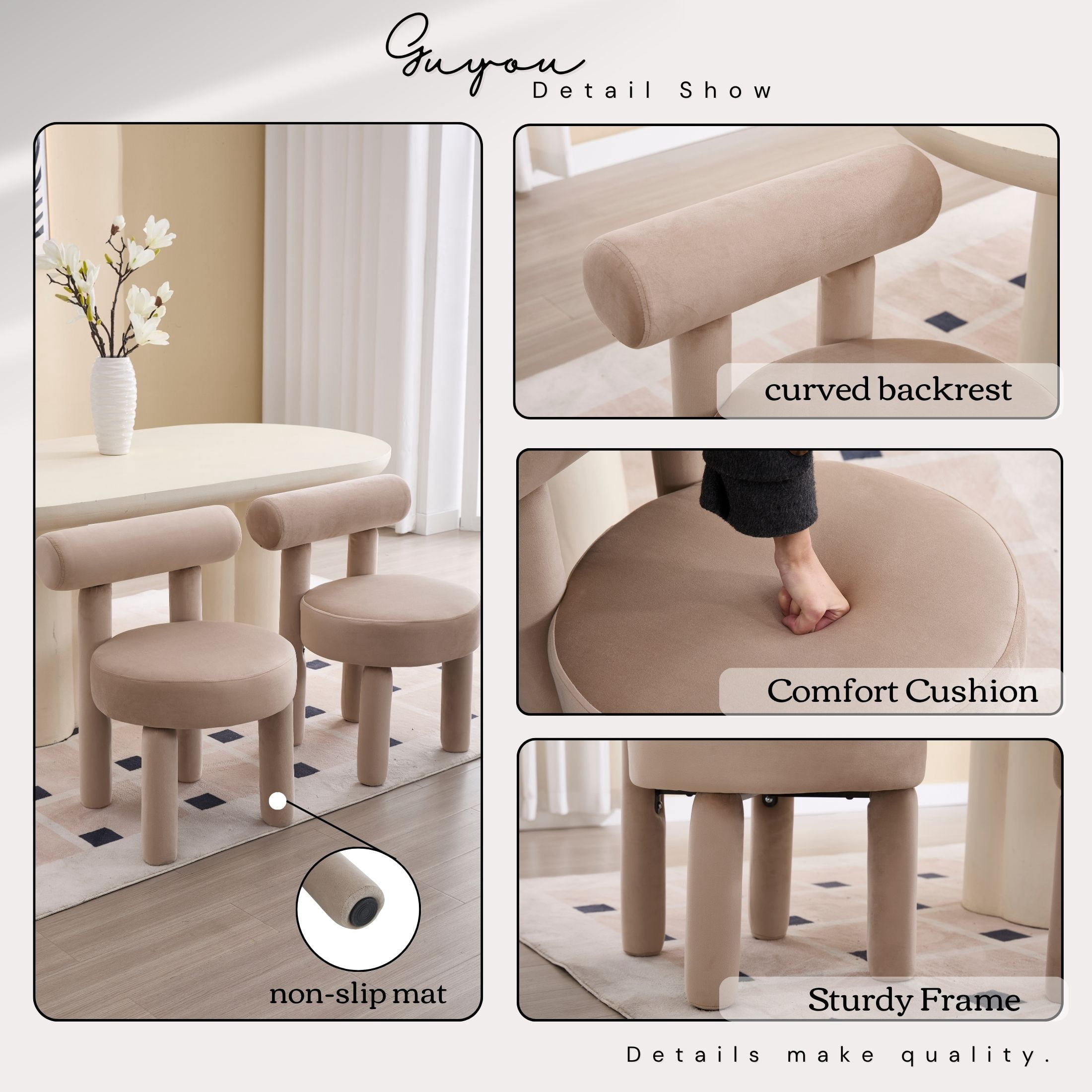Guyou Velvet Dining Chairs - Set of 4, Modern Upholstered Armless Side Chairs with Open Back, 21.5" Wide for Dining Room & Vanity, Khaki
