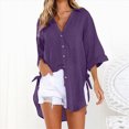 thumbnail image 2 of Kaprioy Womens Casual V Neck 3/4 Sleeve Button Down Shirts High Low Early Fall Fashion Blouse Tops For Women Trendy Oversize Elegant Loose Fit Shirt Long Blouse Casual Tunic Beach Bikini Cover Up, 2 of 6