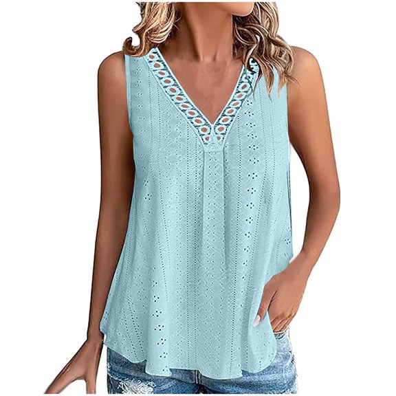 Womens Hollow Tank Tops, Eyelet Tops for Women Summer Dressy Casual Loose Fit Solid Color V Neck Sleeveless Shirts