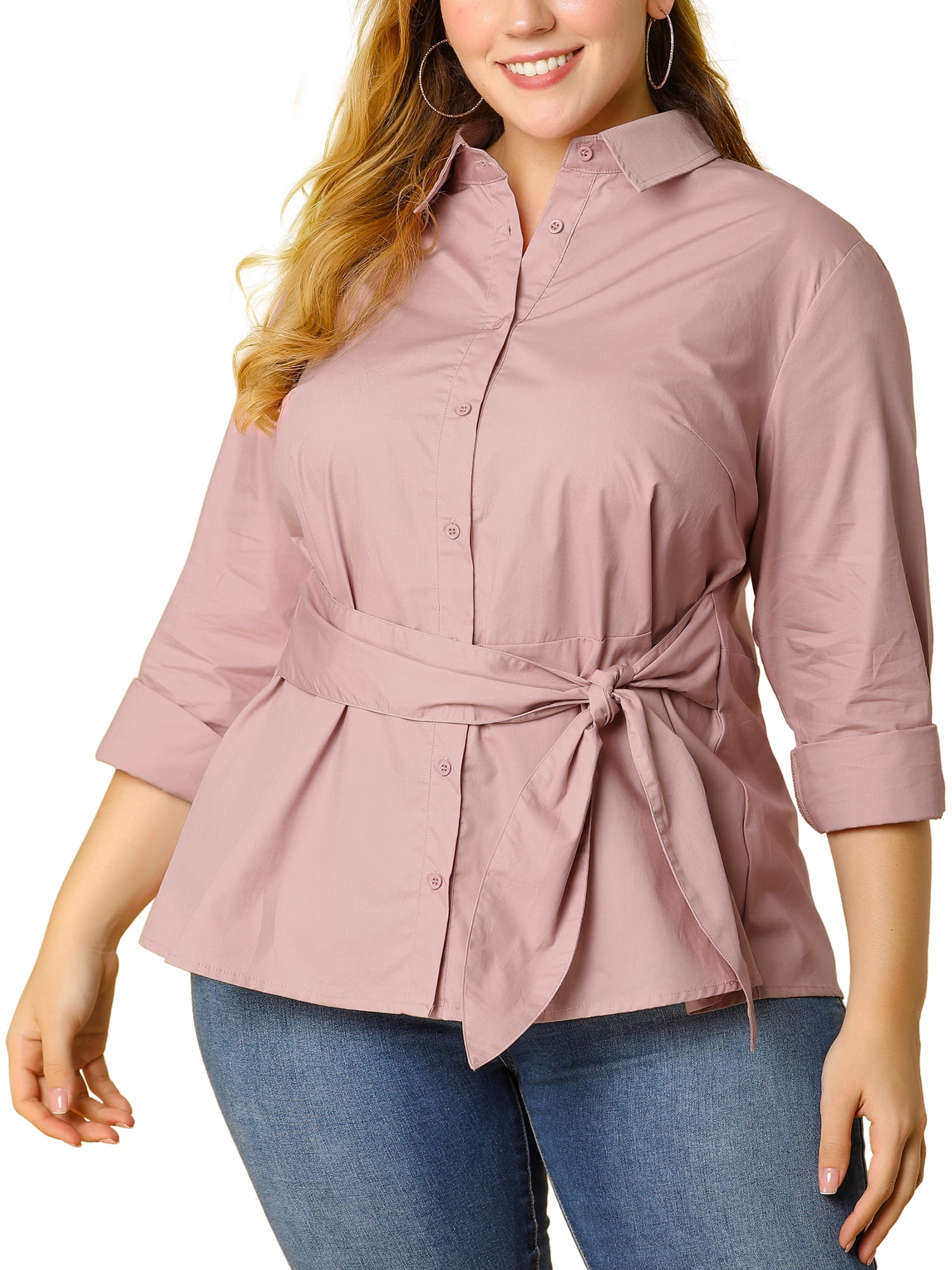 Agnes Orinda Agnes Orinda Women's Plus Size Solid Button Up Belted