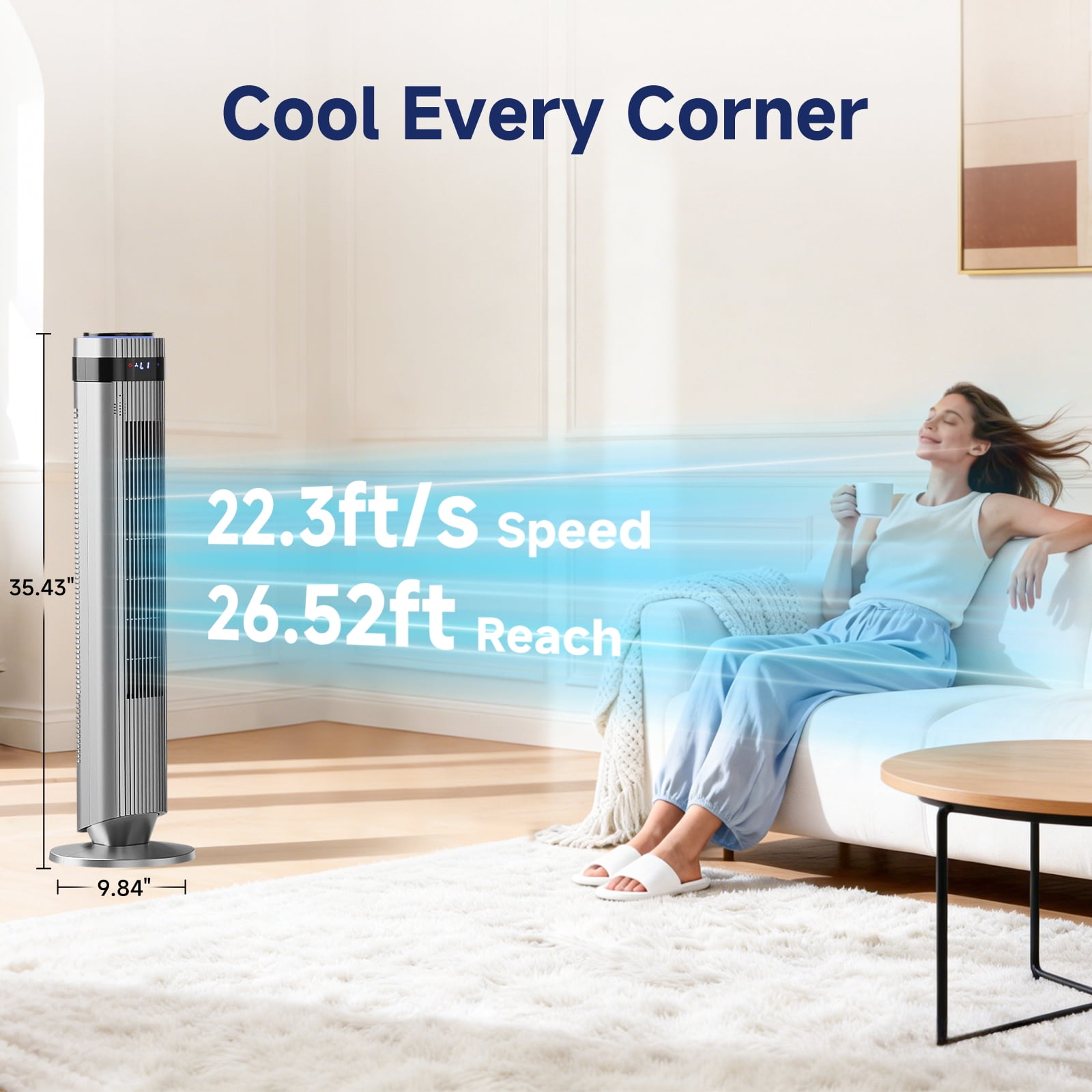 JIOABL Bladeless Tower Fan: 5 Speed Settings, 4 Modes, 25Ft/s Breeze, & Customizable Timer for Peaceful Sleep & Optimal Airflow, Gray