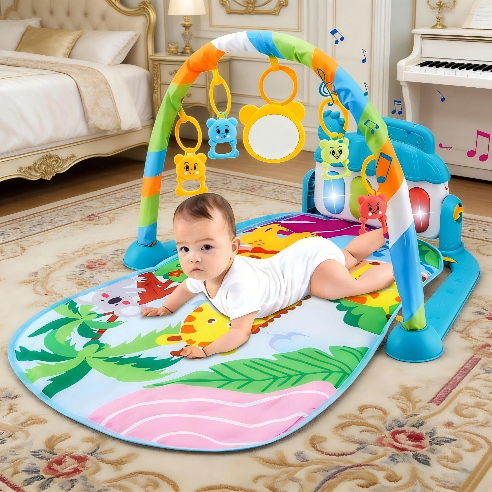 syligr Baby Gym Play Mat with Kick Piano for Newborns Infants 0-12 Months Tummy Time Activity Center, 5 Removable Hanging Toys, Sensory Musical Mat, Large Non-Slip Pad, Birthday Gift for Boys Girls