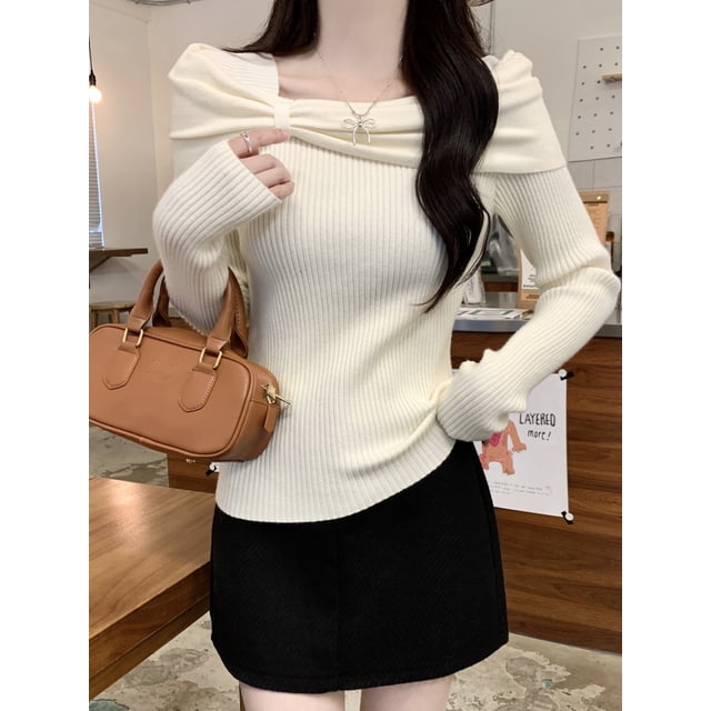 Chandails à Encolure Oblique pour Femme 2024 Automne Hiver Tricot à Manches Longues Hauts Chandails Doux Chandail Femme