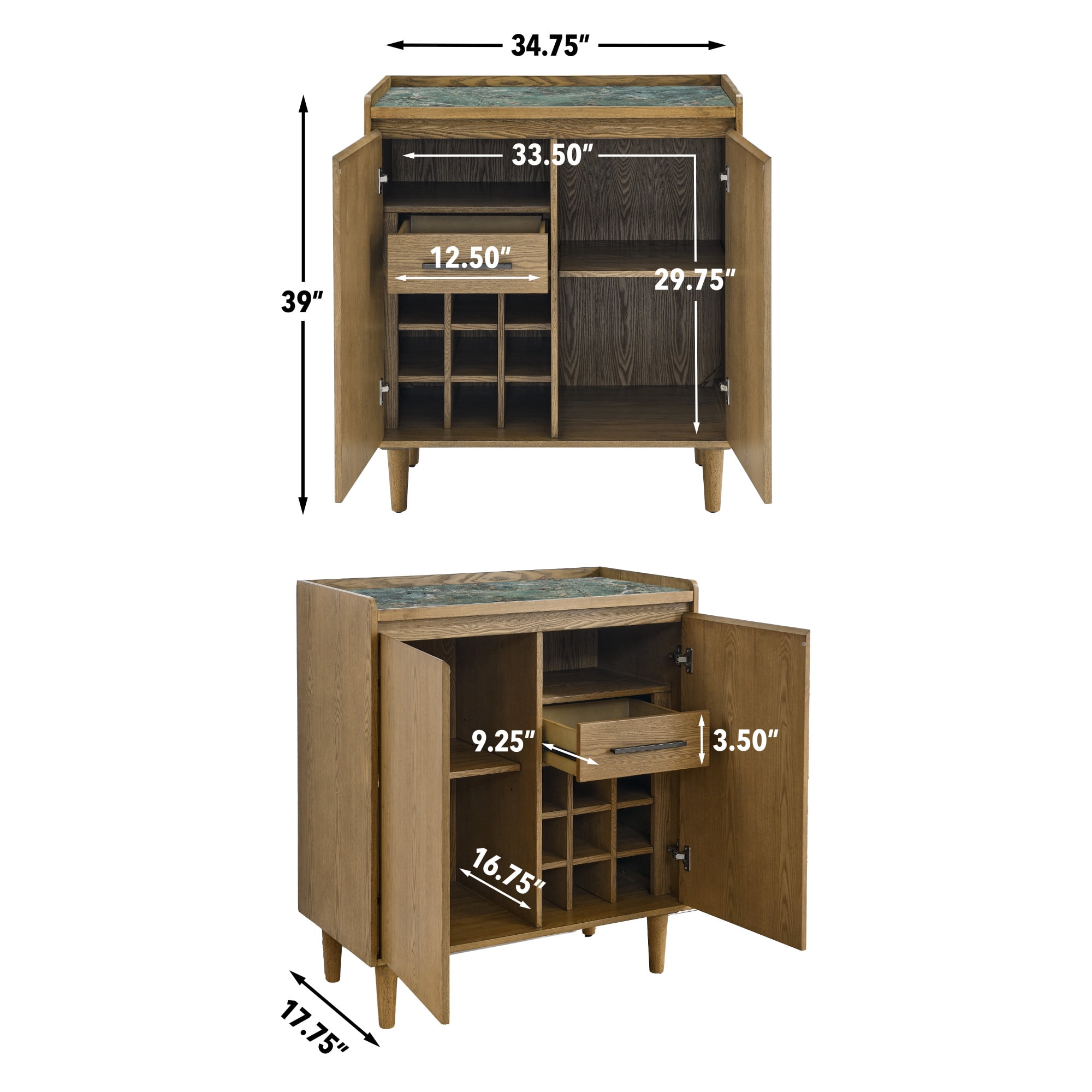 Steve Silver Novato Mid Century Modern 35" Sintered Stone Top Bar Cabinet, Light Chestnut