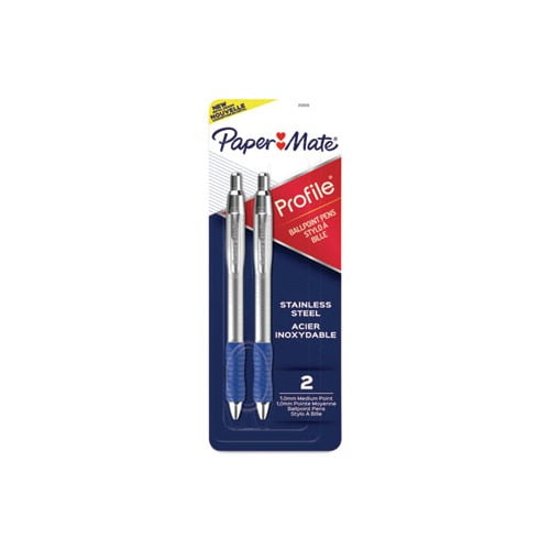 Profile Ballpoint Pen Retractable, Medium 1 mm, Blue Ink, Blue/Silver Barrel, 2/Pack