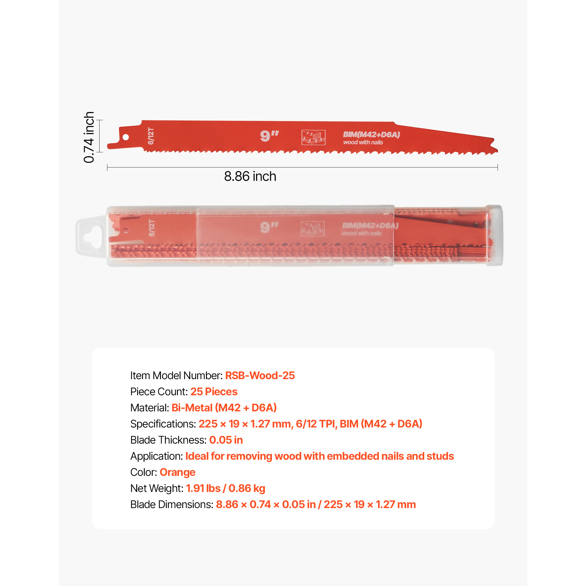 KFFKFF 25-Piece Bi-Metal Reciprocating Saw Blade Set, 6/12 TPI, Universal Shank, Designed for Quick and Precise Cuts in Wood and Nail-Embedded Wood, Ideal for Demolition Tasks, Orange