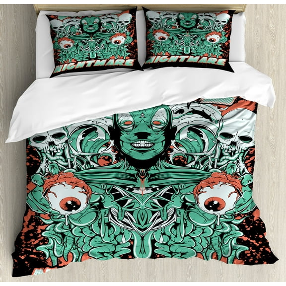 Zombie Duvet Cover Set, Retro Style Nightmare with Skulls Ghost Characters Wild Illustration, Decorative 3 Piece Bedding Set with 2 Pillow Shams, Queen Size, Jade Green Salmon Black, by Ambesonne