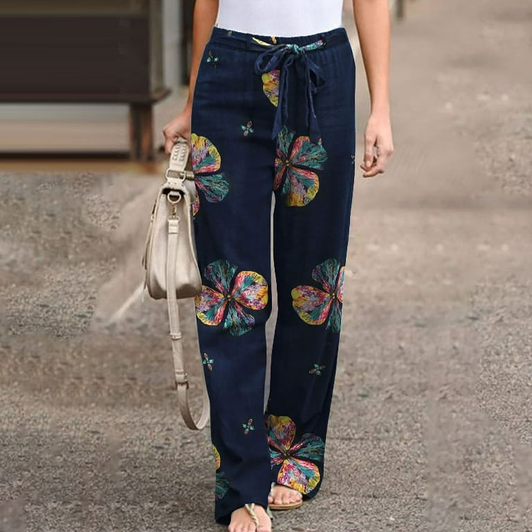 Womens Summer High Waist Floral Printed Pants Belted Wide Straight Leg  Trousers