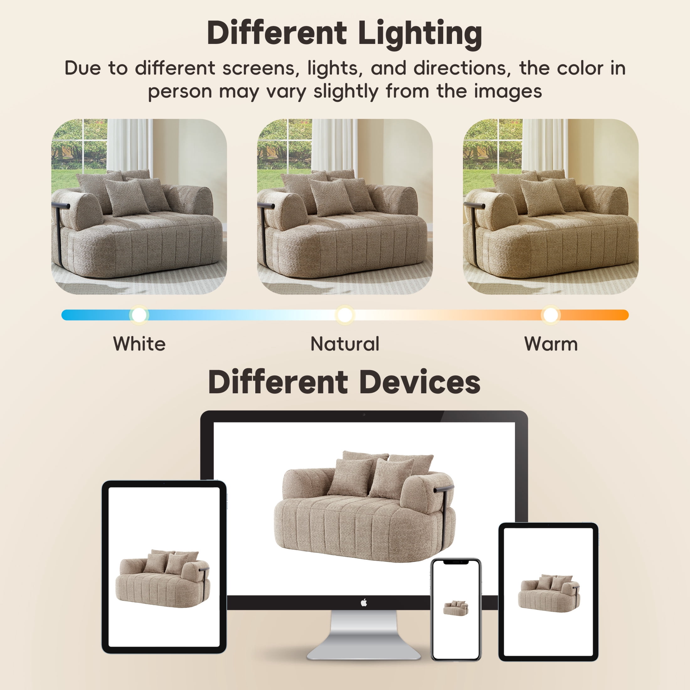Noble House Quincia 64" Oversized Boneless Chaise Lounge with Boucle Upholstered, Cozy Comfy Cloud Sofa Bed, Khaki