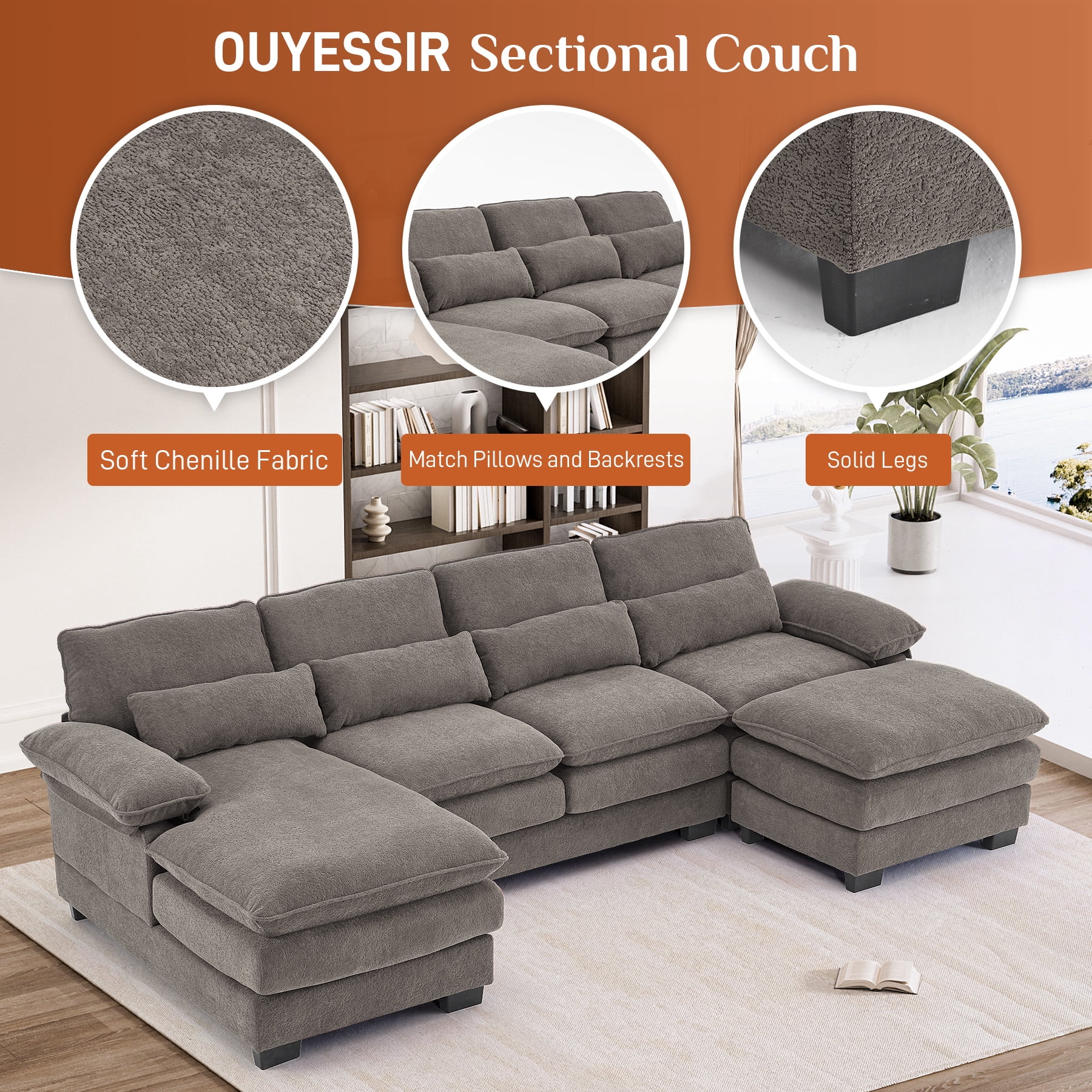 Wiilayok 113" U Shaped Sectional Sofa with Chaise Lounge and Ottoman,Chenille Modular Sectional Sofa Couch for Living Room,Cloud Grey