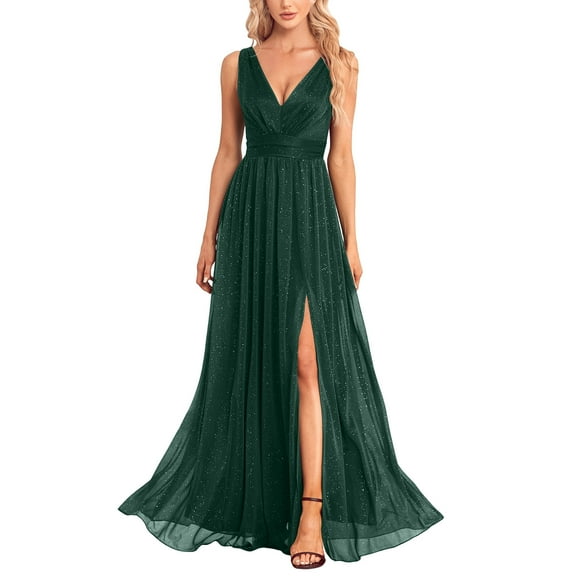 Gytharion Womens Wedding Guest Dresses Plus Size Fashion Sleeveless Deep V-Neck Formal Cocktail Party Dresses Elegant Mesh Split Floor Length Evening Gowns for Women