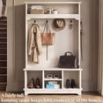 thumbnail image 3 of OMCHOM Hall Tree with Bench and Shoe Storage, 71" Farmhouse 4-in-1 Mudroom Storage Organizer with Coat Rack, 4 Shoe Cubbies, Storage Shelf for Entryway, Hallway, Living Room(White), 3 of 7