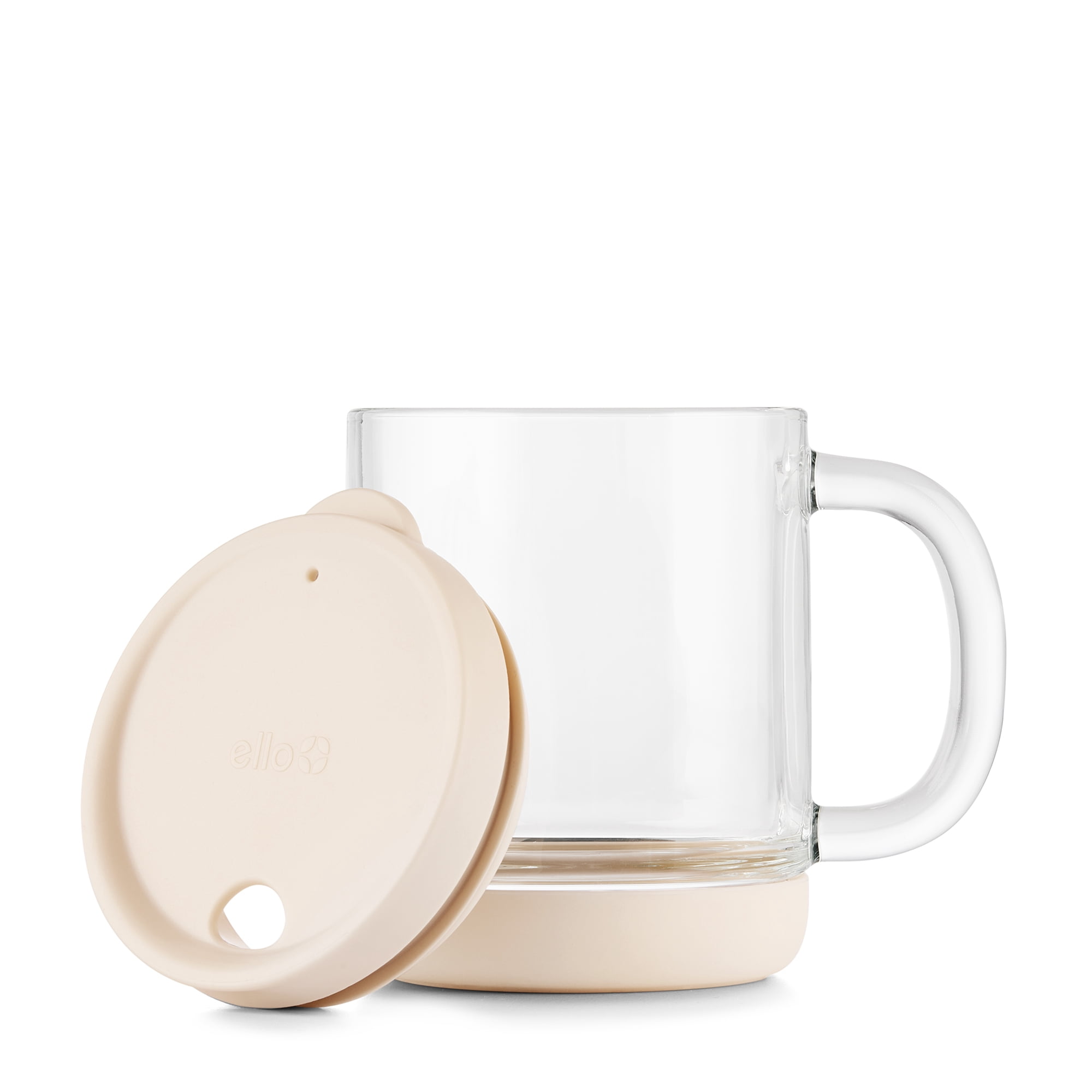 Ello Nova Shine 12oz Glass Mug with Lid | Built-In Handle, Silicone Boot, BPA Free, Dishwasher Safe | Hot and Cold Coffee Tea Mug | Sandbar