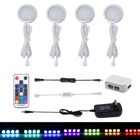RGB Color Changing LED Under Cabinet Lights Kit - Slim Aluminum Multi-Color Puck Lights for Kitchen Counter, Furniture, and Holiday Decor (Set of 4)