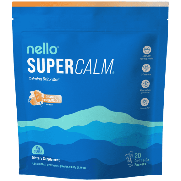 Nello Supercalm Drink Mix - Ashwagandha KSM 66, Magnesium Glycinate & L-Theanine Supplement - Ashwagandha Root Extract - Focus and Relaxation Support (20 Travel Packets) - Orange Creamsicle