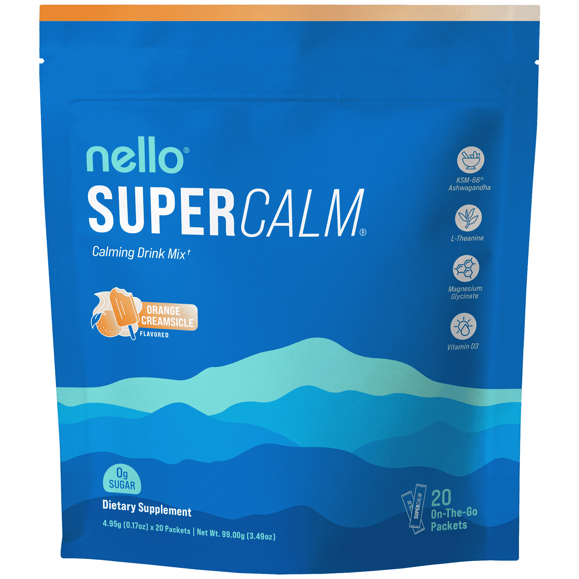 Nello Supercalm Drink Mix - Ashwagandha KSM 66, Magnesium Glycinate & L-Theanine Supplement - Ashwagandha Root Extract - Focus and Relaxation Support (20 Travel Packets) - Orange Creamsicle