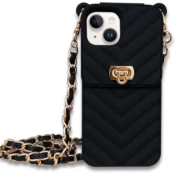 Compatible with iPhone 14 Wallet Case with Crossbody Strap Lanyard Neck Strap Card Holder for Women Girls with Card Slot Purse Pocket Handbag Case Girly Fashion Silicone Rubber Phone Case Black