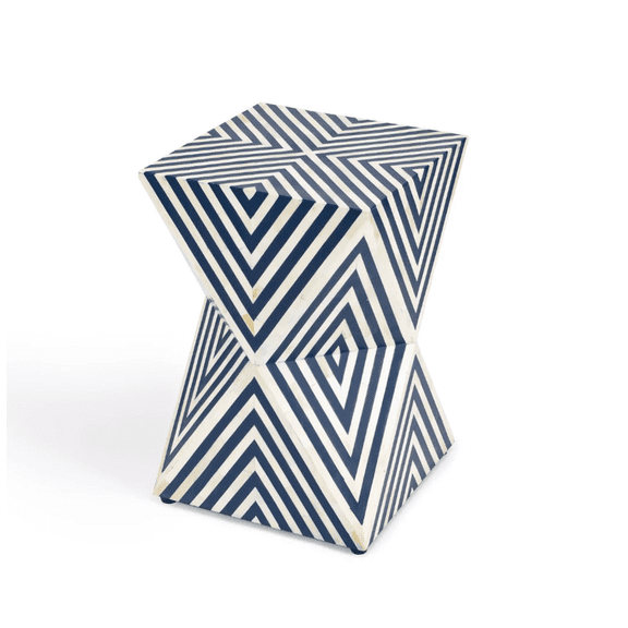 Bone Inlay End Table – Hourglass Shape with Chevron Pattern in Cobalt and Ivory