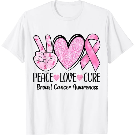 t-shirt Peace Love Cure Pink Ribbon Breast Cancer Awareness T-ShirtMen and women can wear white T-shirts, gifts. Age: M,,L,XL,2XL,3XL, 4XL